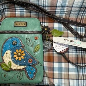 Chala Green Crossbody Bag with Blue Bird and Floral Accents